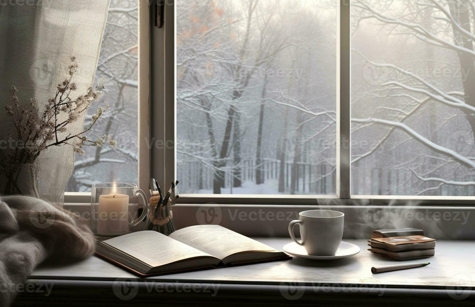 Cozy winter scene. Coffee, open book, and plaid on vintage windowsill in cottage, snowy landscape with snowdrift outside. Generative AI photo