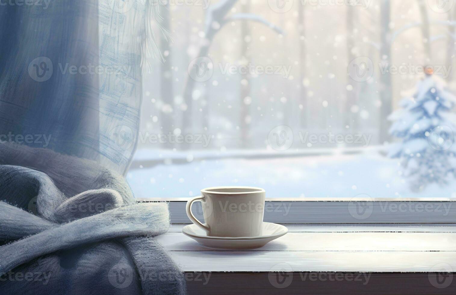 Cozy winter scene. Coffee, open book, and plaid on vintage windowsill in cottage, snowy landscape with snowdrift outside. Generative AI photo