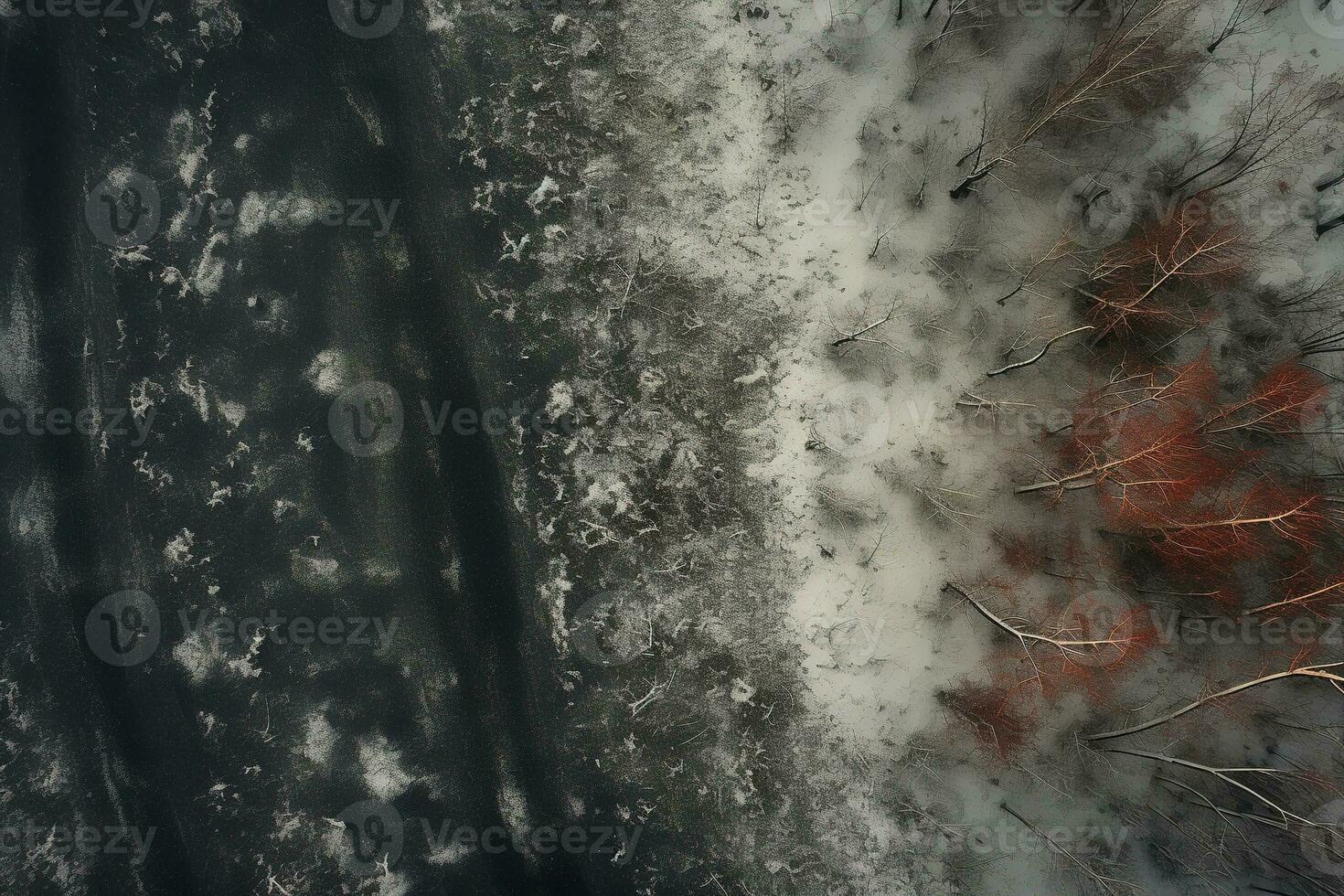 Aerial view of a highway winding through a forest in both summer and winter seasons. Generative AI photo