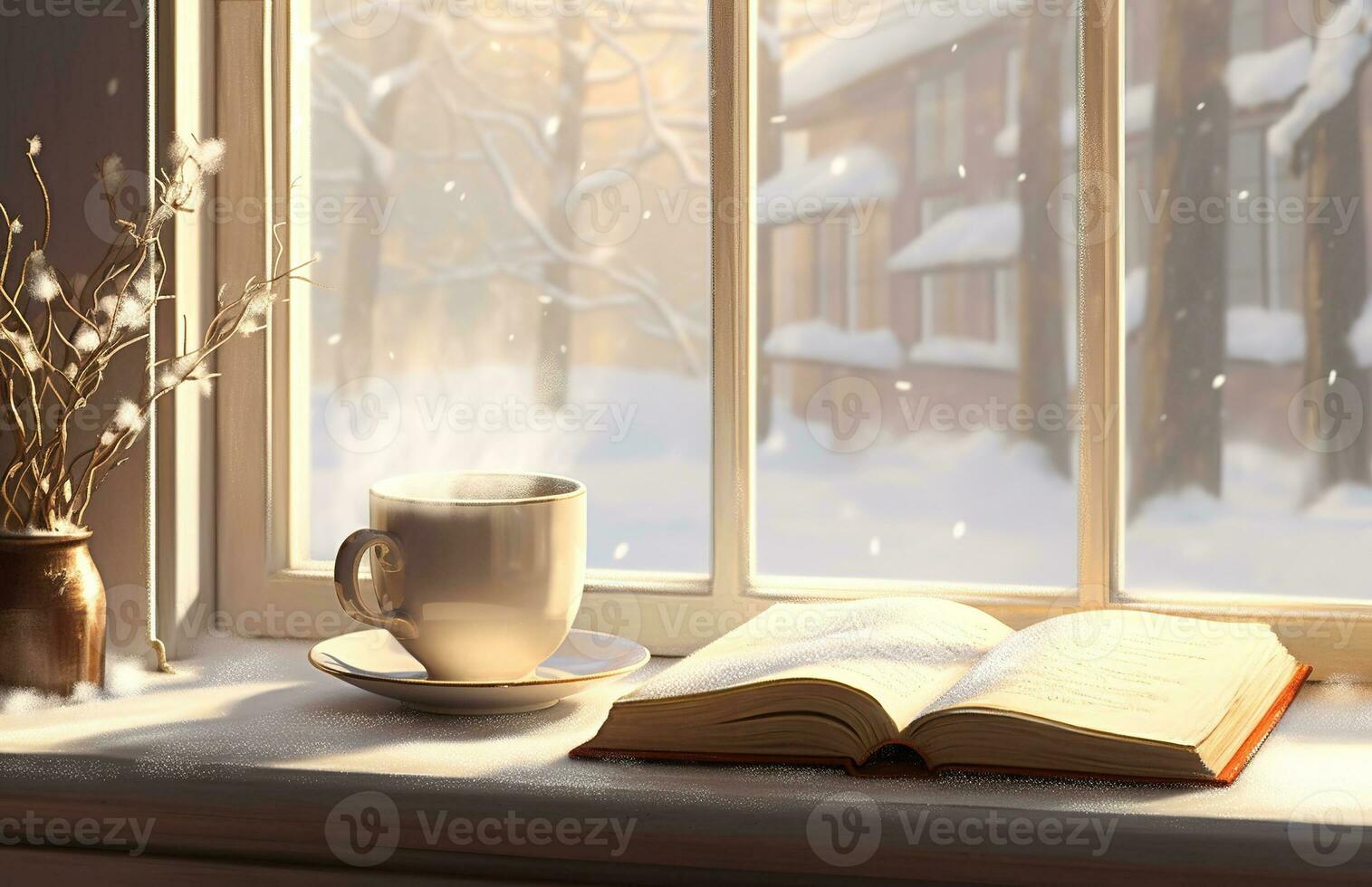 Cozy winter scene. Coffee, open book, and plaid on vintage windowsill in cottage, snowy landscape with snowdrift outside. Generative AI photo