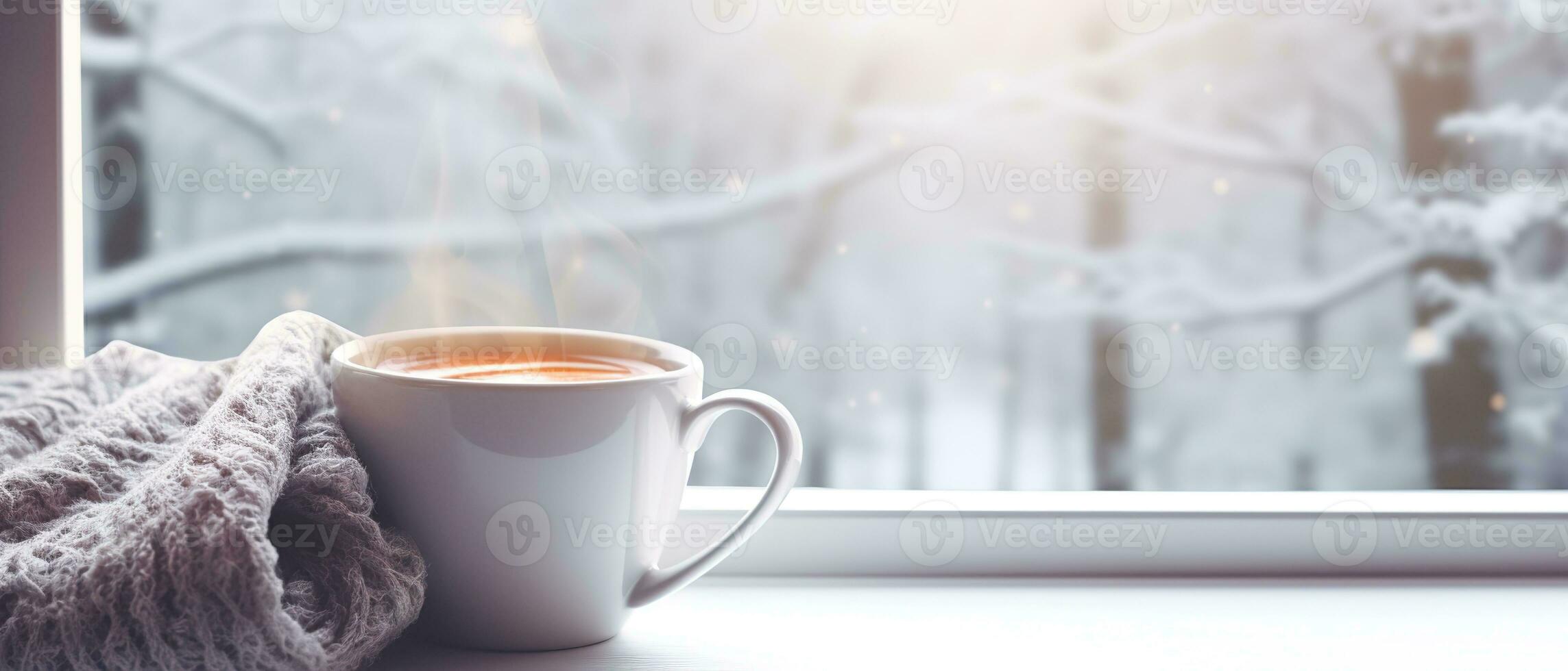 Cozy winter scene. Coffee, open book, and plaid on vintage windowsill in cottage, snowy landscape with snowdrift outside. Generative AI photo