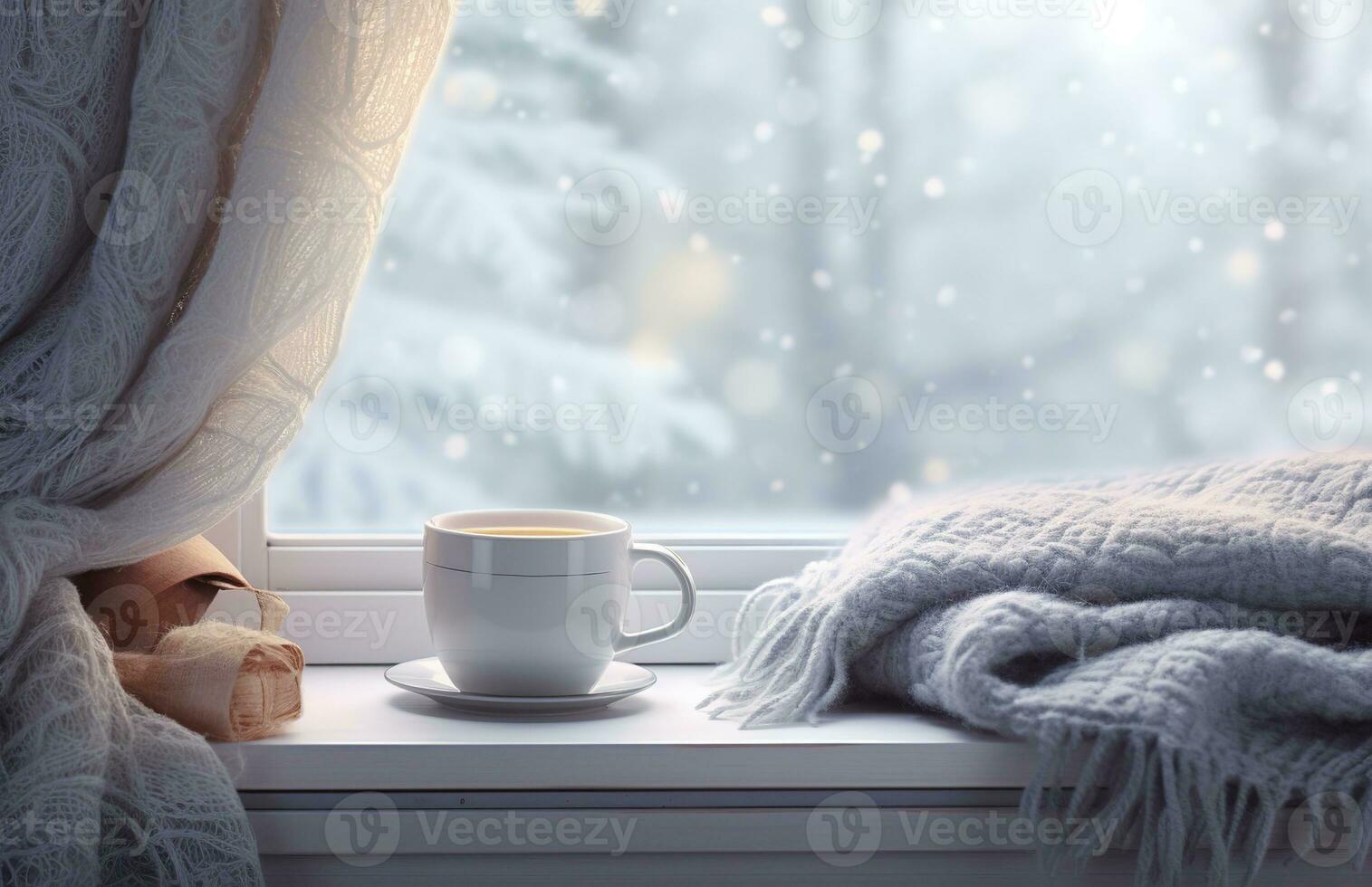 Cozy winter scene. Coffee, open book, and plaid on vintage windowsill in cottage, snowy landscape with snowdrift outside. Generative AI photo