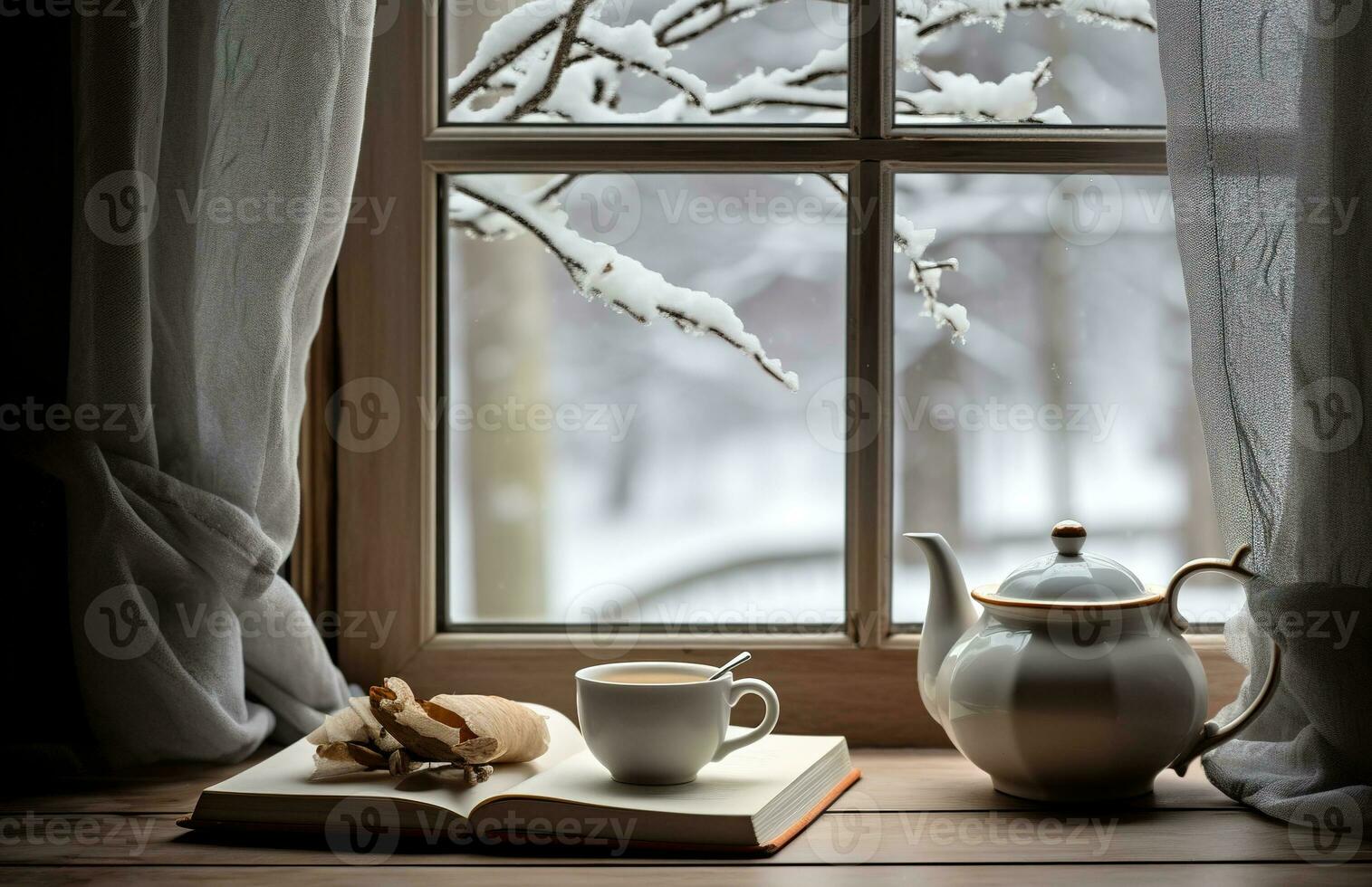 Cozy winter scene. Coffee, open book, and plaid on vintage windowsill in cottage, snowy landscape with snowdrift outside. Generative AI photo