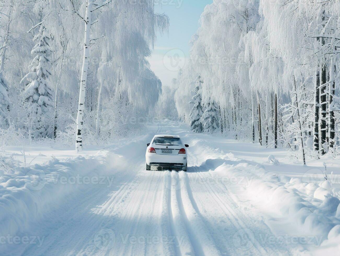 Car driving on snow covered forest road in winter. Generative AI photo