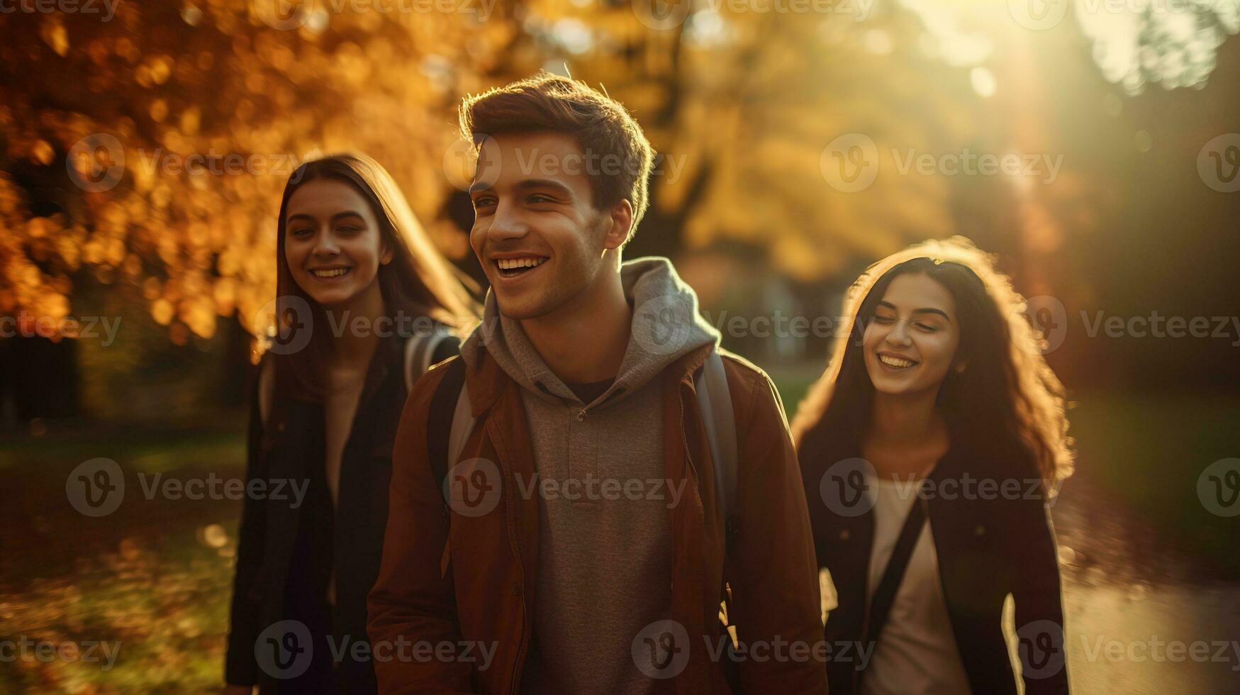 Young and joyful friends, filled with happiness, are seen taking a leisurely and delightful autumn walk together, surrounded by the vibrant and colorful foliage of the season. Generative AI photo