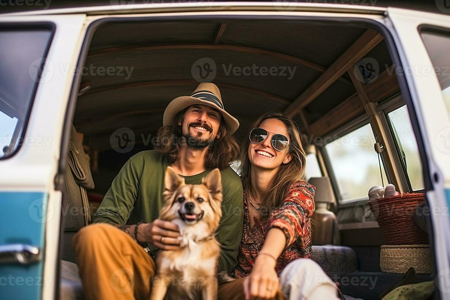 Hipster couple and their dog enjoying a camping adventure on a mini van adventure, camping in the great outdoors, creating lasting memories. Generative AI photo