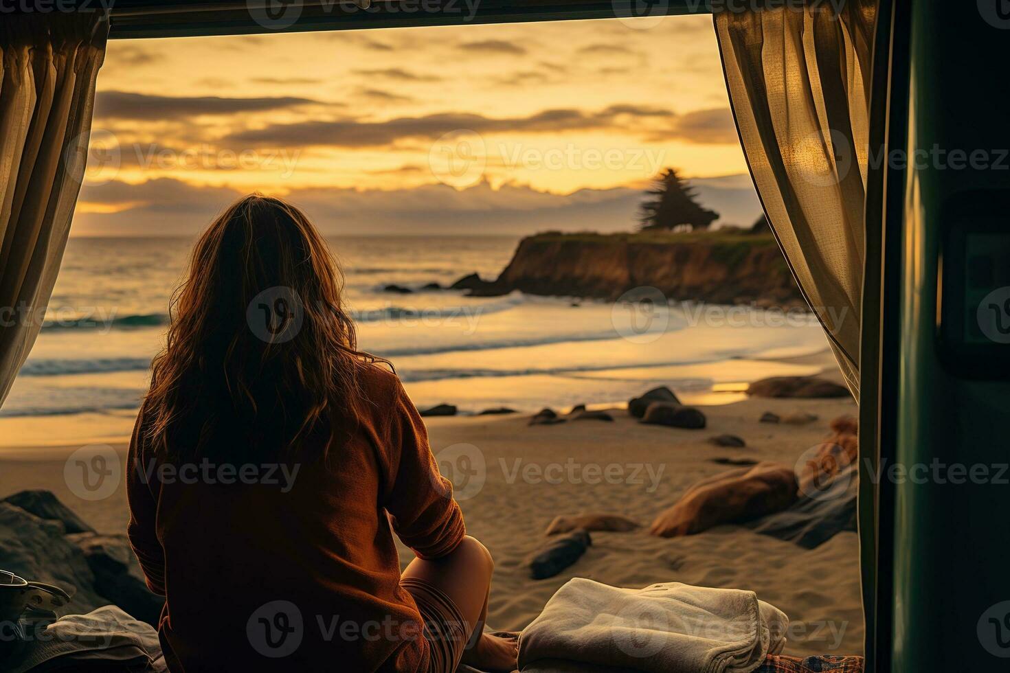 Young woman in her camper enjoying a scenic beach view, a tranquil moment of wanderlust and adventure. Generative AI photo
