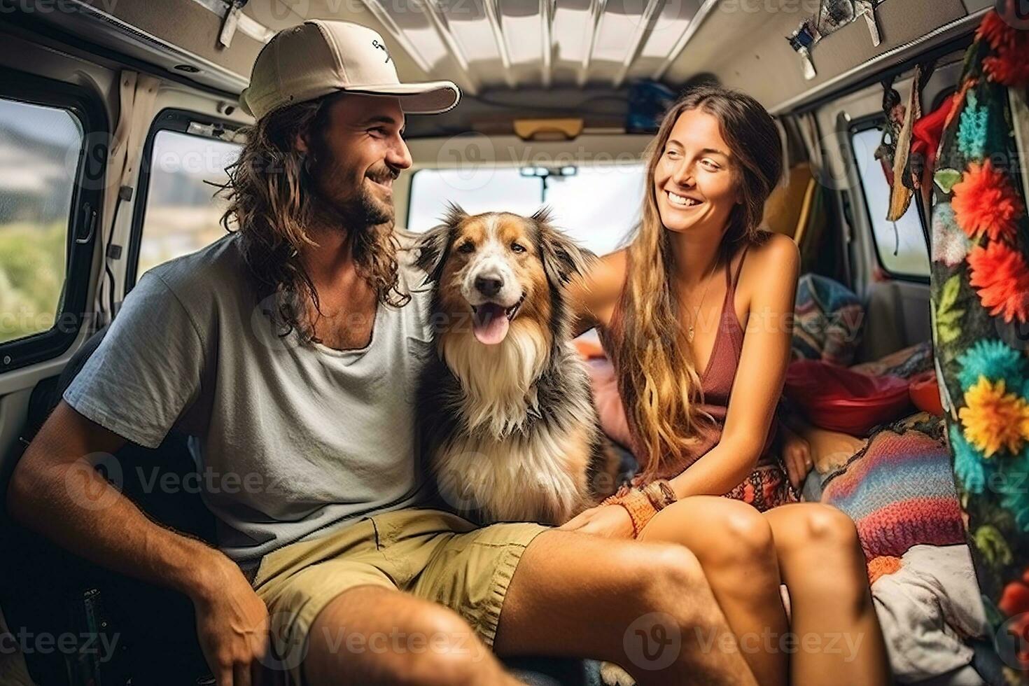 Hipster couple and their dog enjoying a camping adventure on a mini van adventure, camping in the great outdoors, creating lasting memories. Generative AI photo