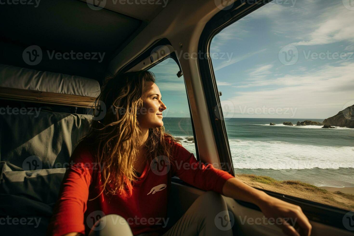 Young woman in her camper enjoying a scenic beach view, a tranquil moment of wanderlust and adventure. Generative AI photo