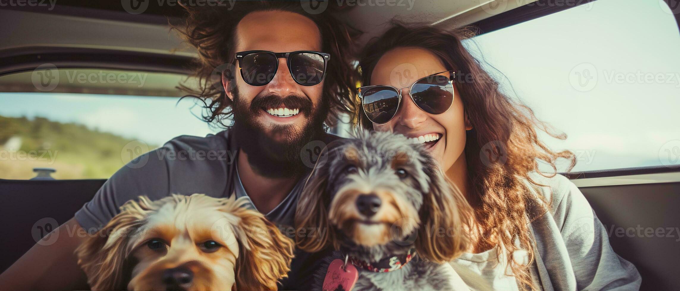 Hipster couple and their dog enjoying a camping adventure on a mini van adventure, camping in the great outdoors, creating lasting memories. Generative AI photo