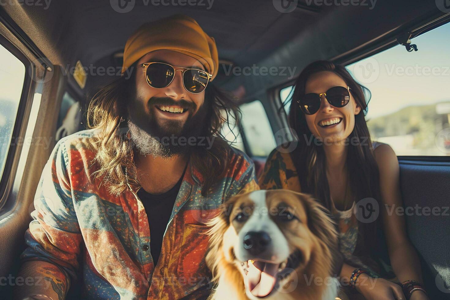 Hipster couple and their dog enjoying a camping adventure on a mini van adventure, camping in the great outdoors, creating lasting memories. Generative AI photo