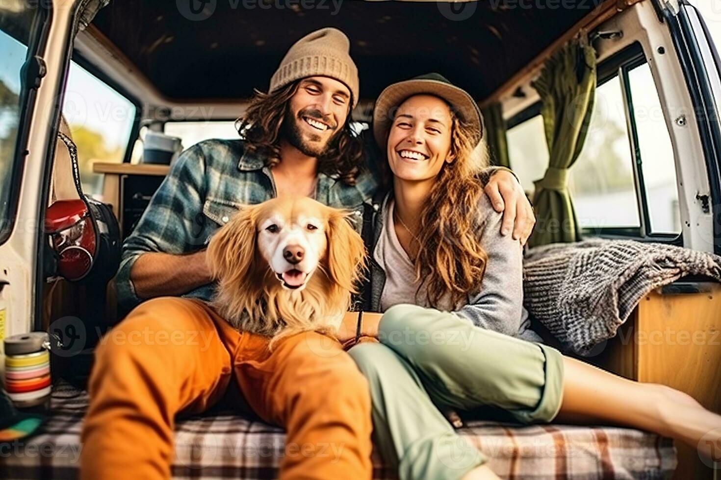 Hipster couple and their dog enjoying a camping adventure on a mini van adventure, camping in the great outdoors, creating lasting memories. Generative AI photo