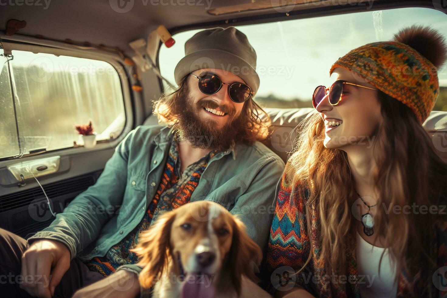 Hipster couple and their dog enjoying a camping adventure on a mini van adventure, camping in the great outdoors, creating lasting memories. Generative AI photo
