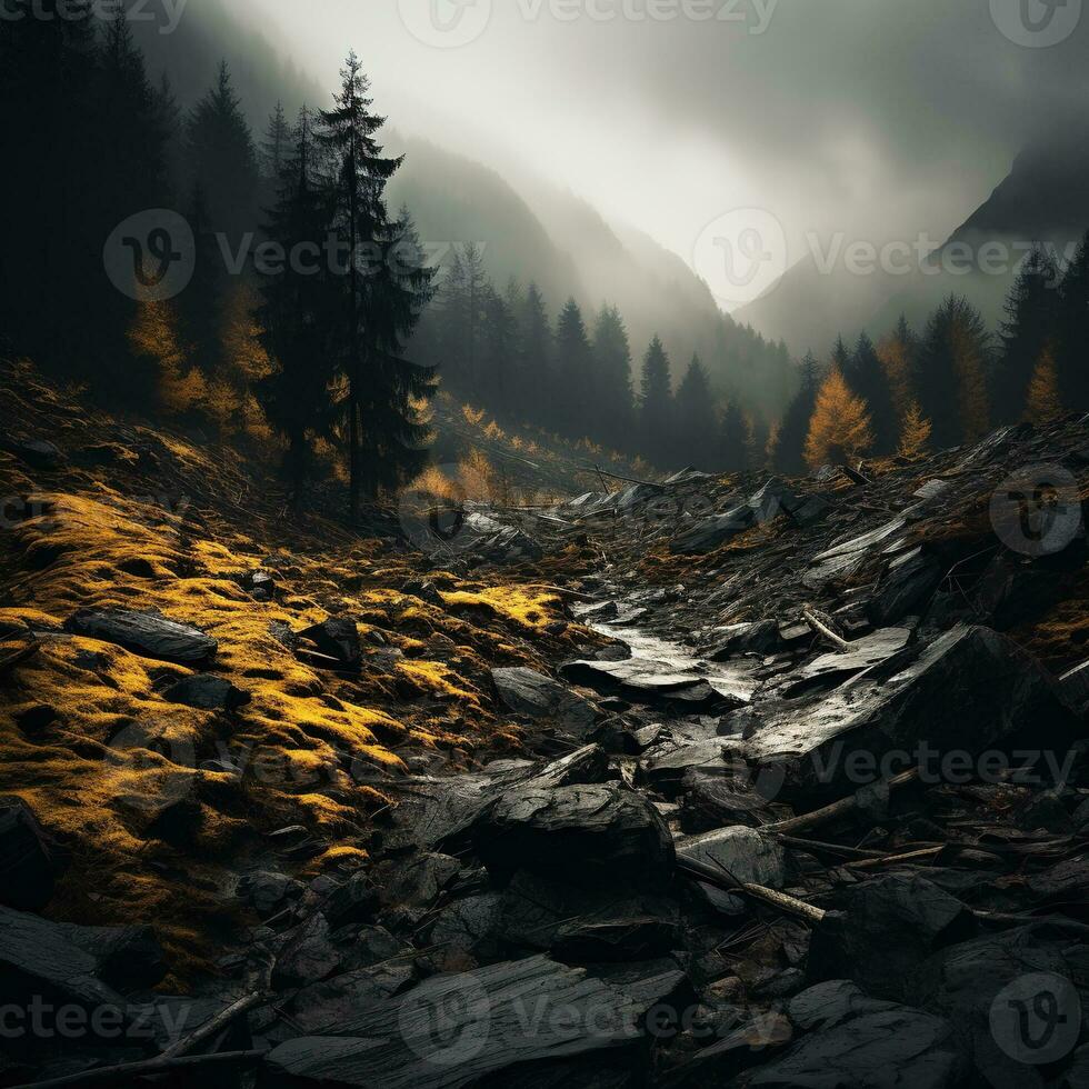 Spooky autumn mountains covered in fog, creating a mysterious and eerie atmosphere. Generative AI photo