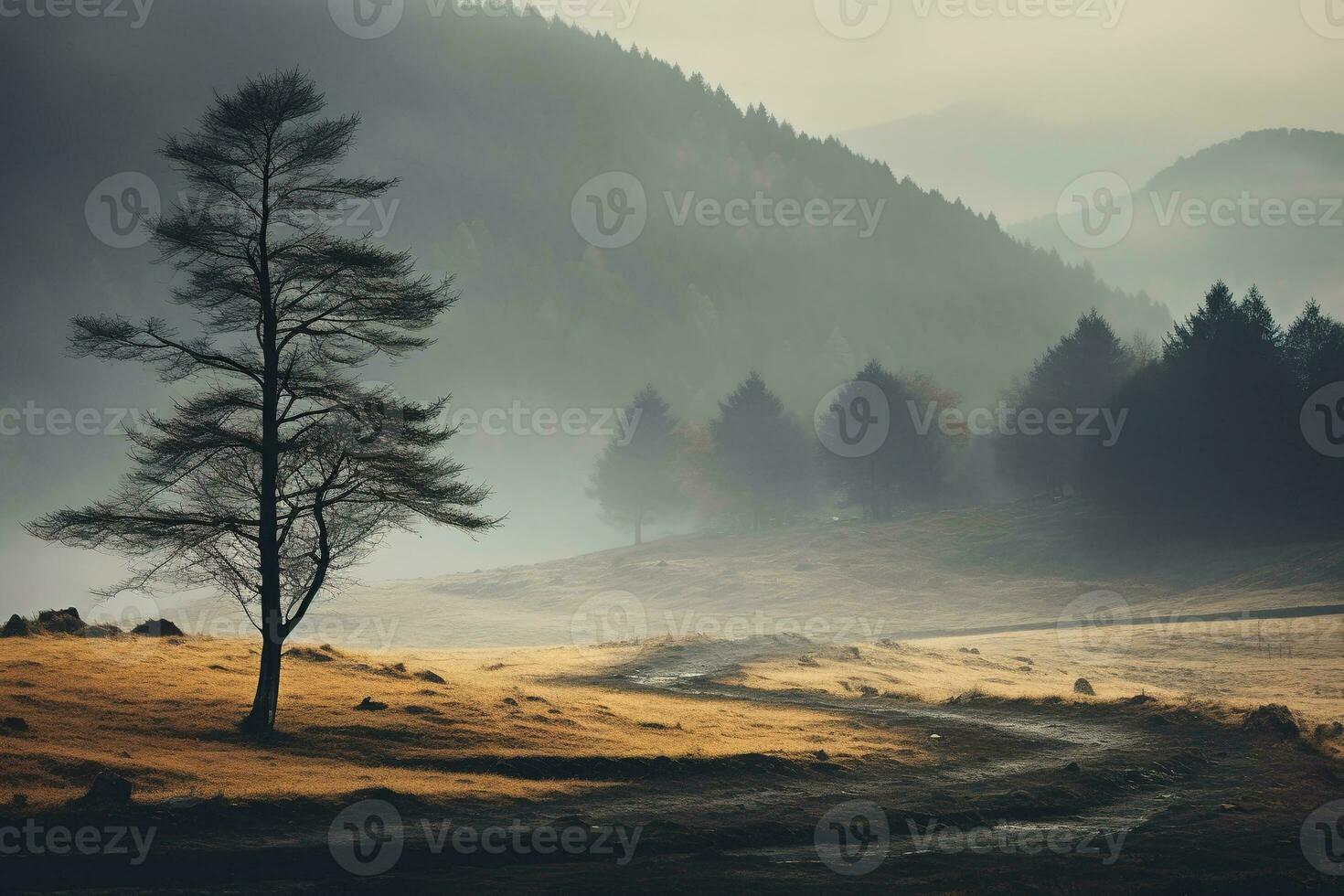 Spooky autumn mountains covered in fog, creating a mysterious and eerie atmosphere. Generative AI photo