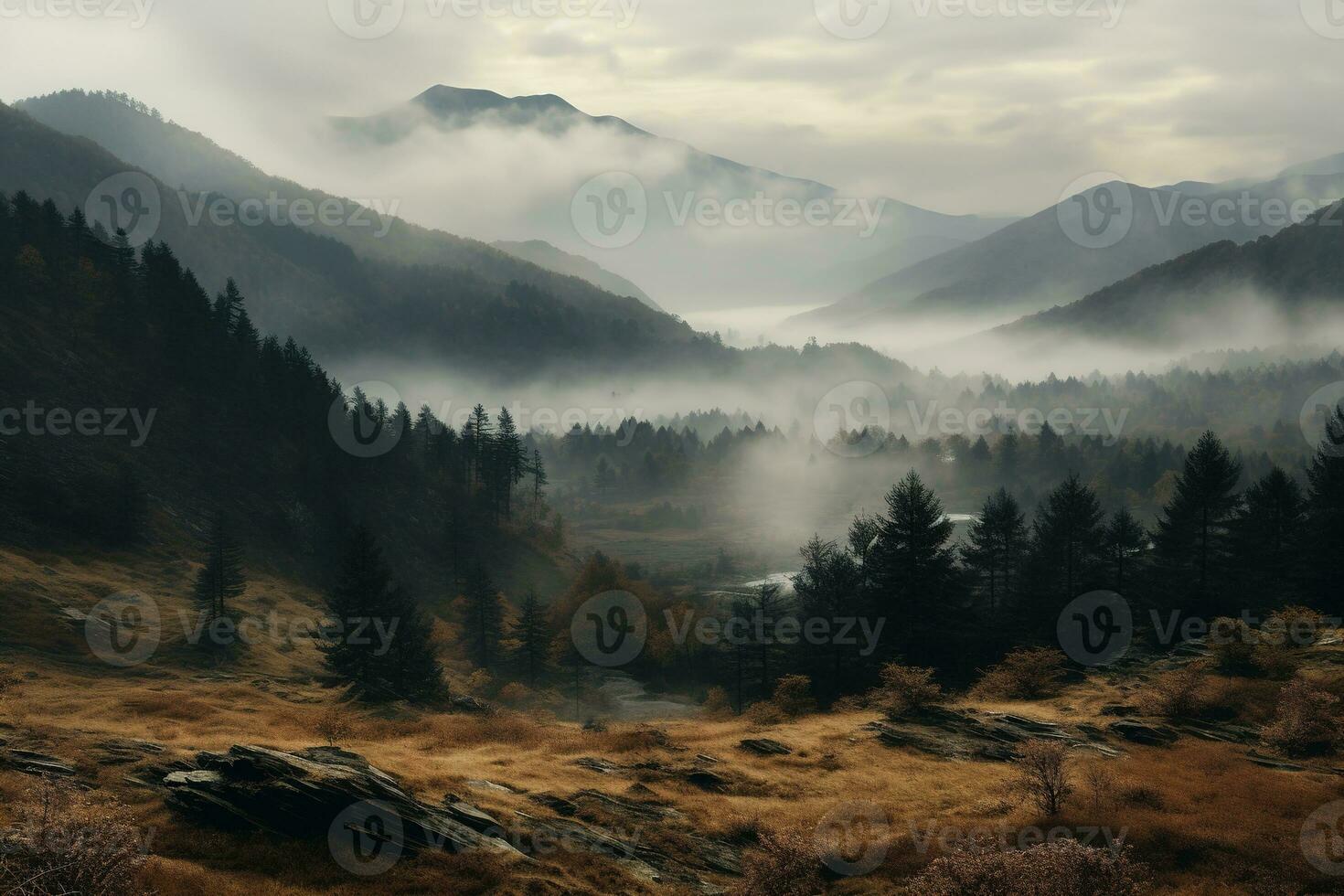 Spooky autumn mountains covered in fog, creating a mysterious and eerie atmosphere. Generative AI photo