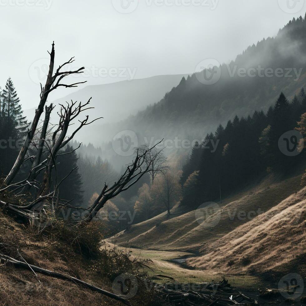 Spooky autumn mountains covered in fog, creating a mysterious and eerie atmosphere. Generative AI photo