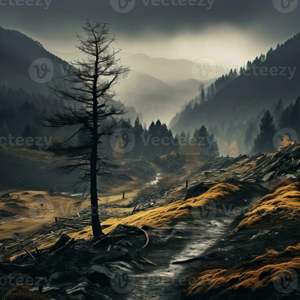 Spooky autumn mountains covered in fog, creating a mysterious and eerie atmosphere. Generative AI photo