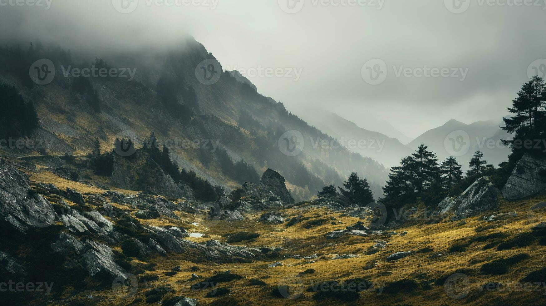 Spooky autumn mountains covered in fog, creating a mysterious and eerie atmosphere. Generative AI photo