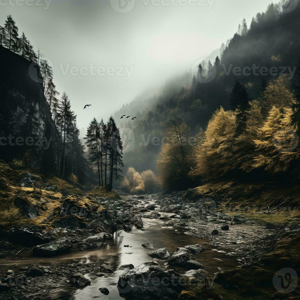 Spooky autumn mountains covered in fog, creating a mysterious and eerie atmosphere. Generative AI photo