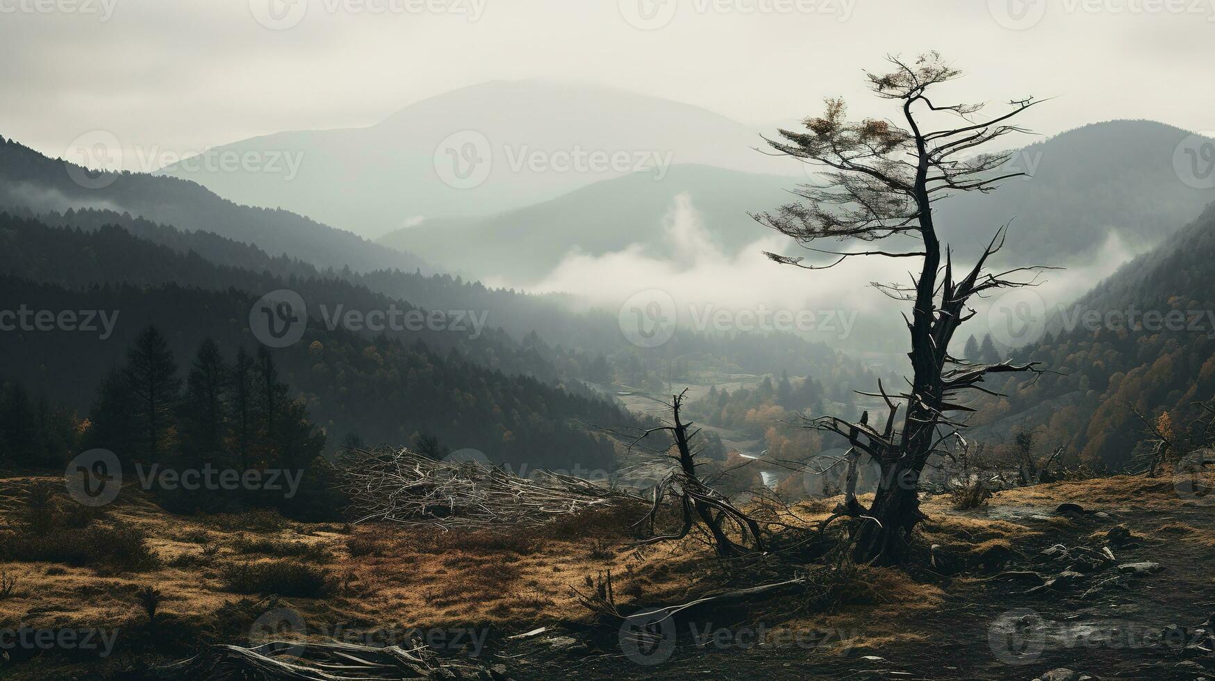 Spooky autumn mountains covered in fog, creating a mysterious and eerie atmosphere. Generative AI photo