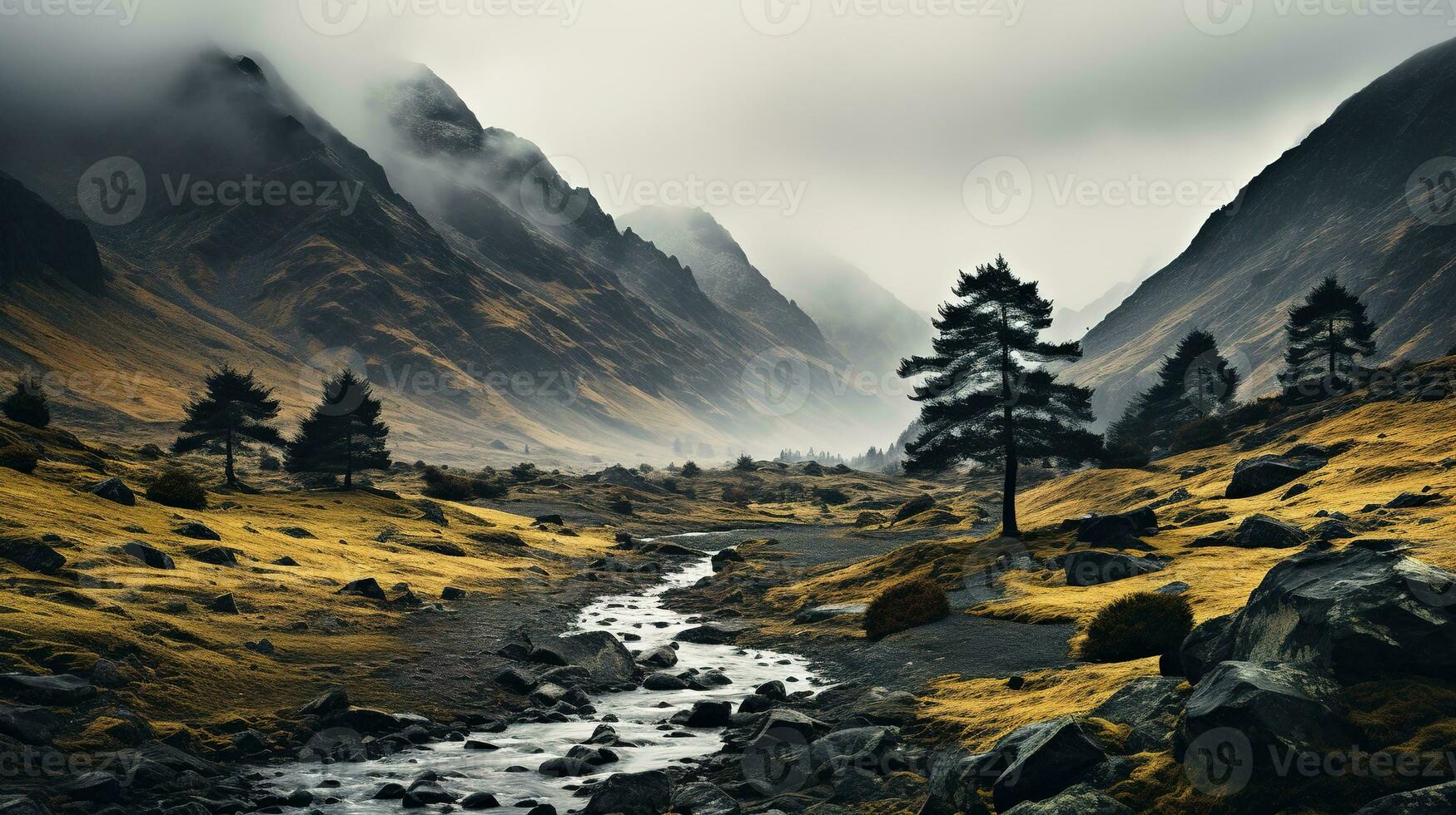 Spooky autumn mountains covered in fog, creating a mysterious and eerie atmosphere. Generative AI photo
