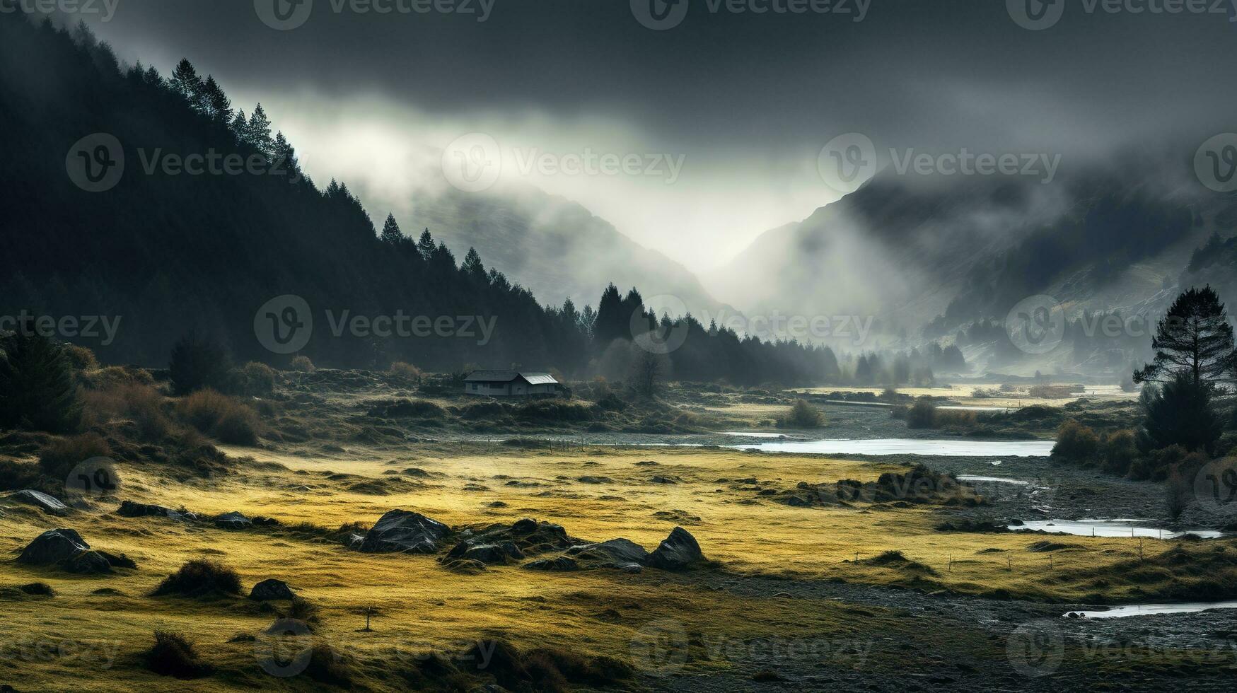 Spooky autumn mountains covered in fog, creating a mysterious and eerie atmosphere. Generative AI photo