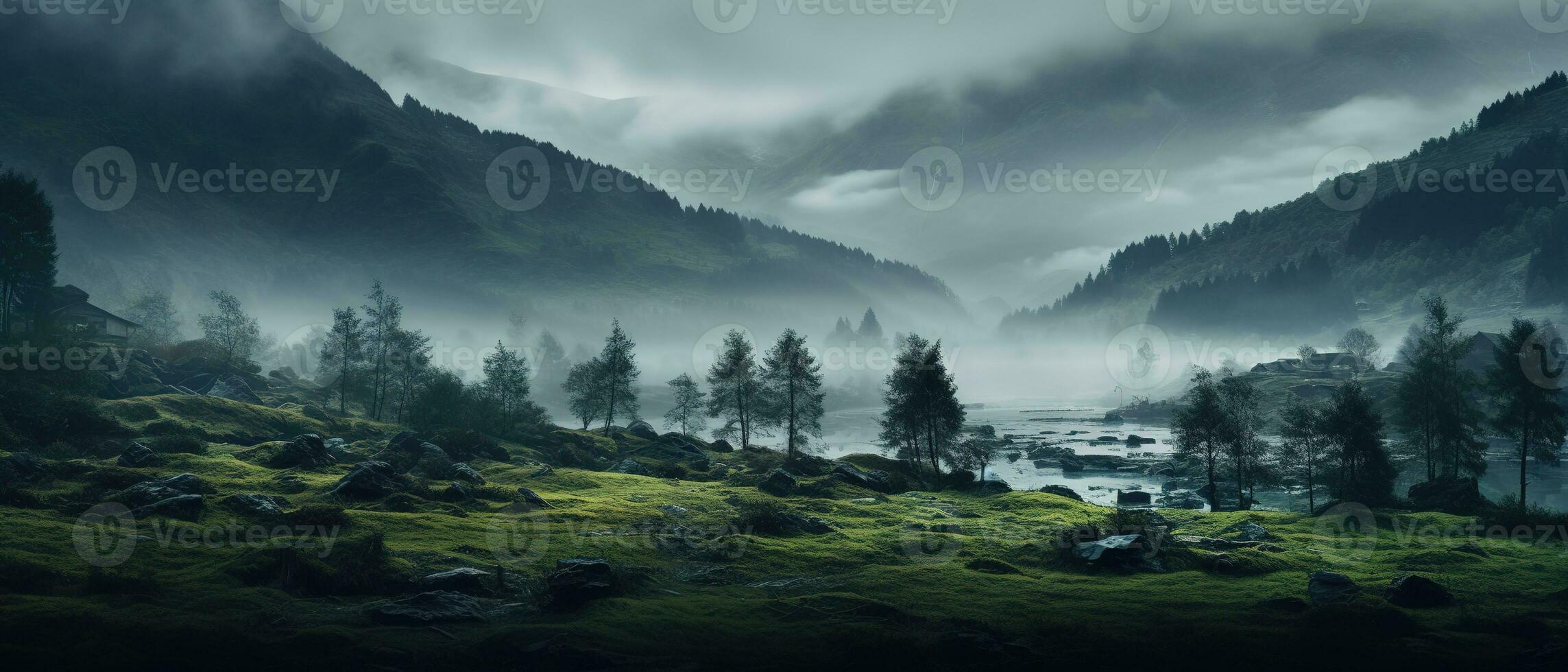 Spooky autumn mountains covered in fog, creating a mysterious and eerie atmosphere. Generative AI photo