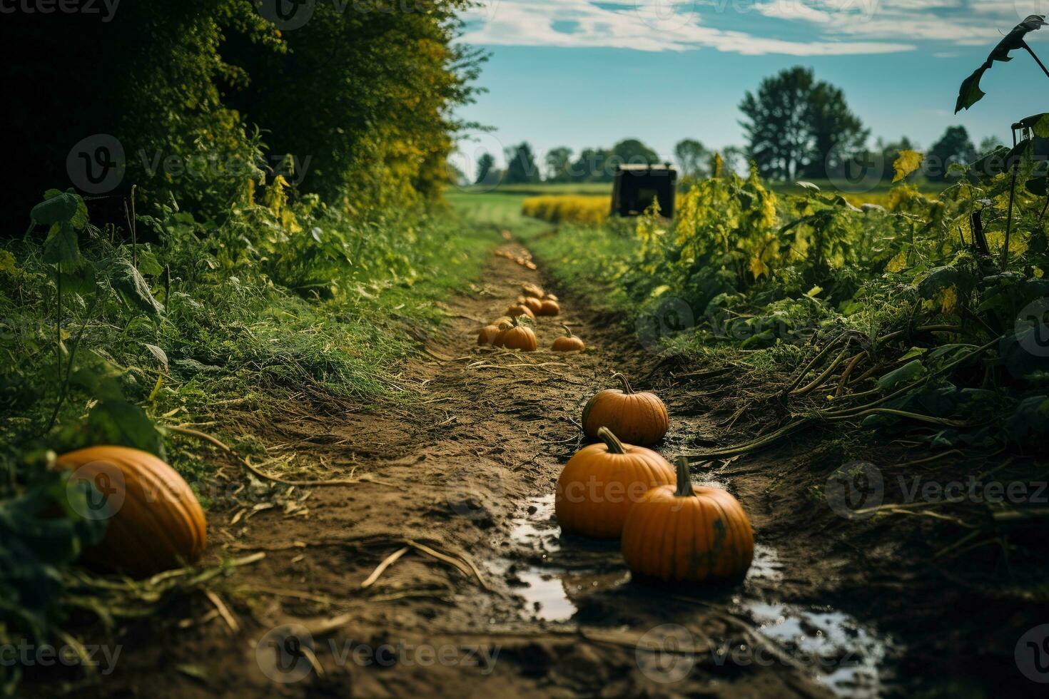 Rainy autumn day at a pumpkin farm, perfect for family picking. Get your Thanksgiving pie ingredients and enjoy organic, non-GMO veggies. Generative AI photo