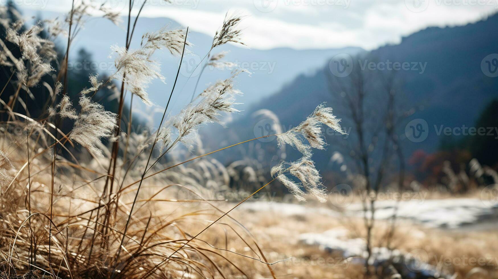 Gentle mountain forest breeze, snowy sky backdrop, swaying winter plants, and serene branches in a tranquil natural scene. Generative AI photo