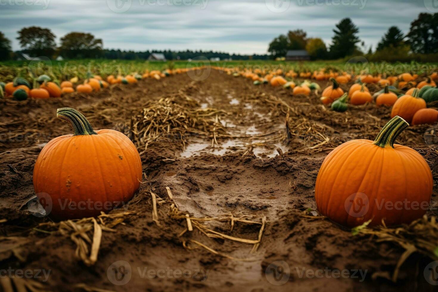 Rainy autumn day at a pumpkin farm, perfect for family picking. Get your Thanksgiving pie ingredients and enjoy organic, non-GMO veggies. Generative AI photo
