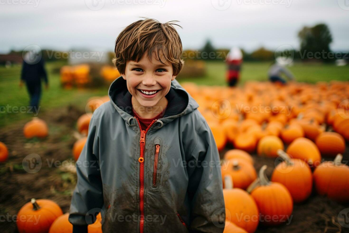Rainy autumn day at a pumpkin farm, perfect for family picking. Get your Thanksgiving pie ingredients and enjoy organic, non-GMO veggies. Generative AI photo