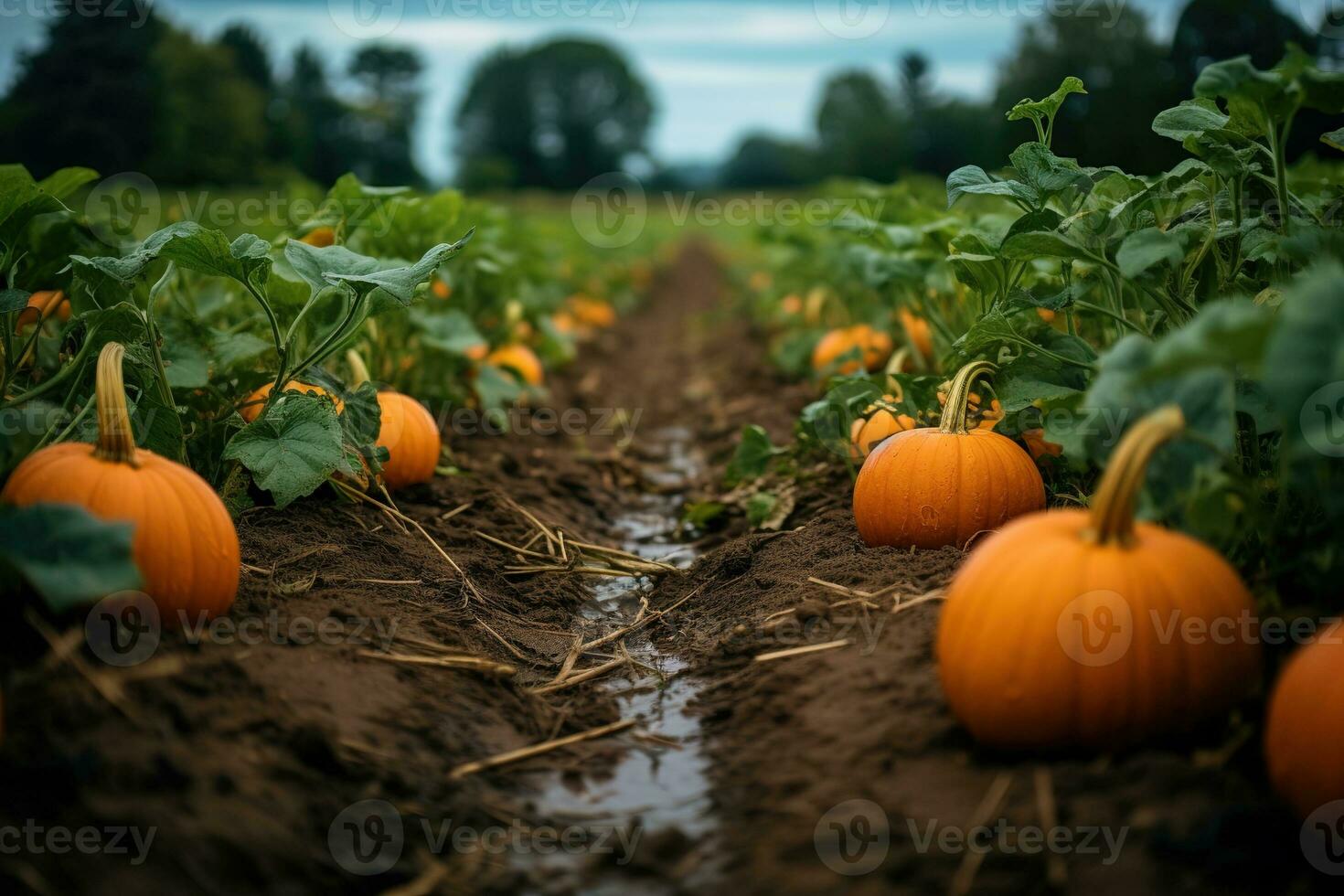 Rainy autumn day at a pumpkin farm, perfect for family picking. Get your Thanksgiving pie ingredients and enjoy organic, non-GMO veggies. Generative AI photo