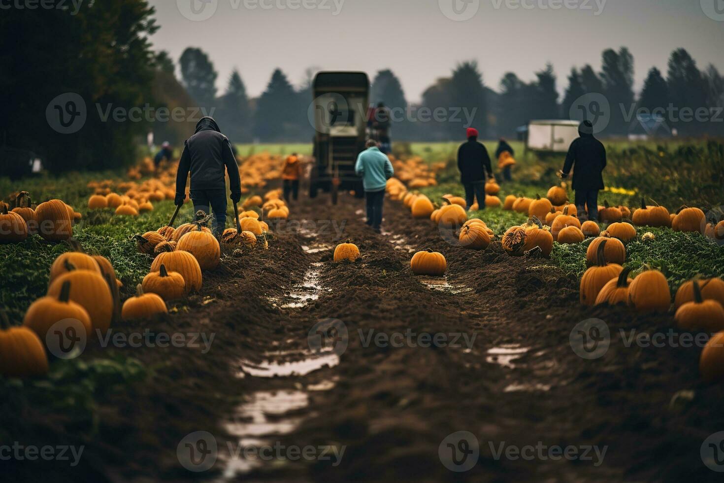 Rainy autumn day at a pumpkin farm, perfect for family picking. Get your Thanksgiving pie ingredients and enjoy organic, non-GMO veggies. Generative AI photo