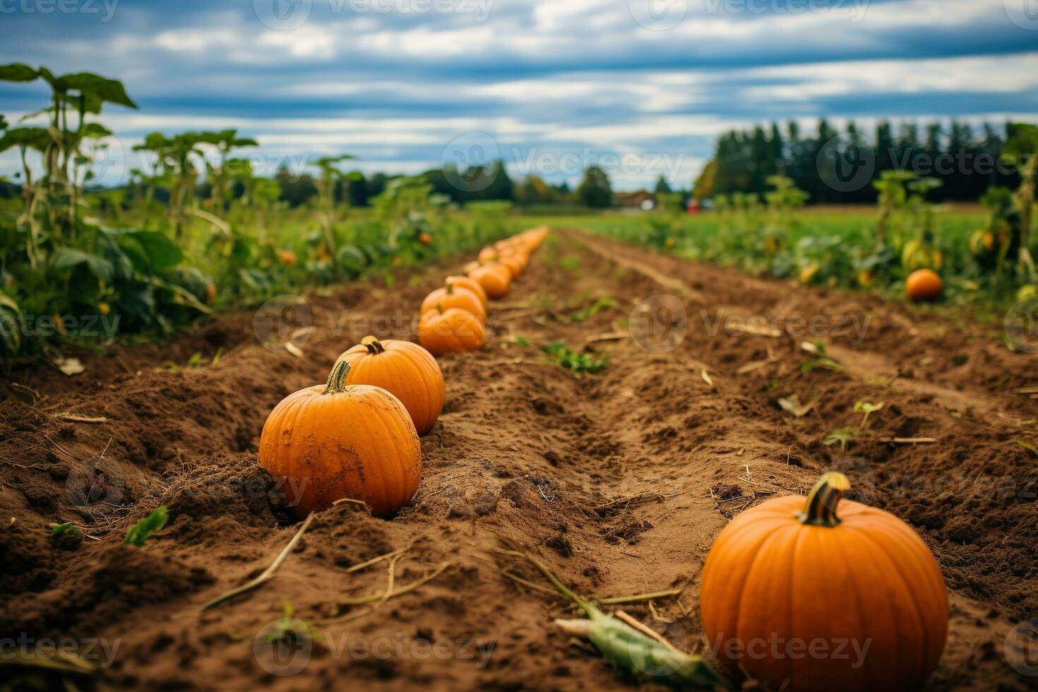 Rainy autumn day at a pumpkin farm, perfect for family picking. Get your Thanksgiving pie ingredients and enjoy organic, non-GMO veggies. Generative AI photo