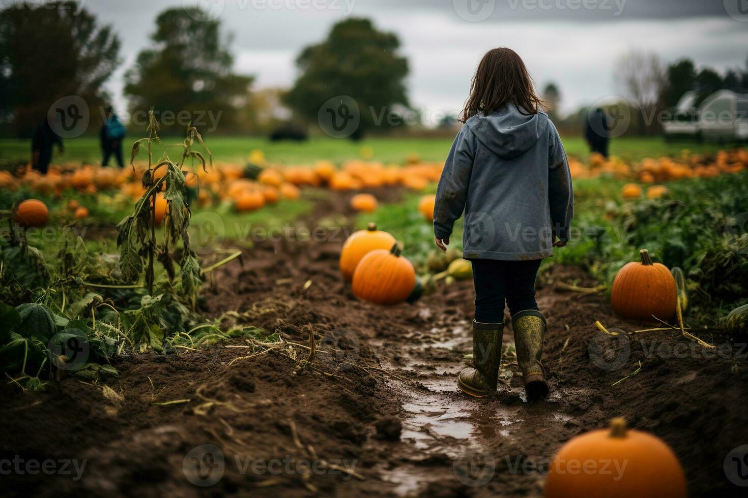 Rainy autumn day at a pumpkin farm, perfect for family picking. Get your Thanksgiving pie ingredients and enjoy organic, non-GMO veggies. Generative AI photo