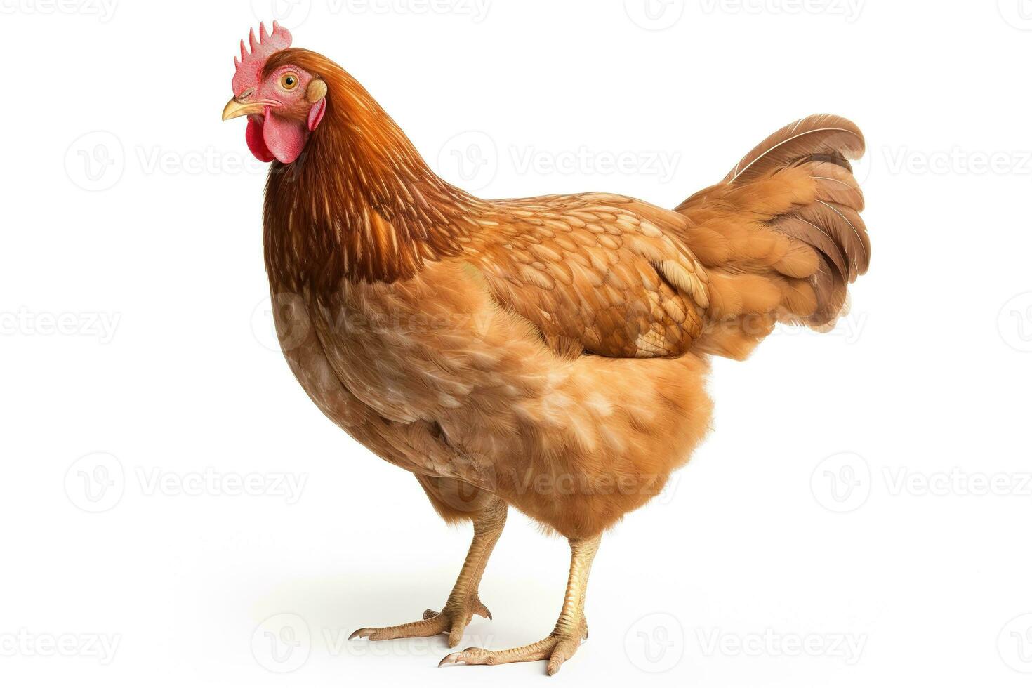 Brown chicken standing on white background, looking at camera with bright eyes. Generative AI photo
