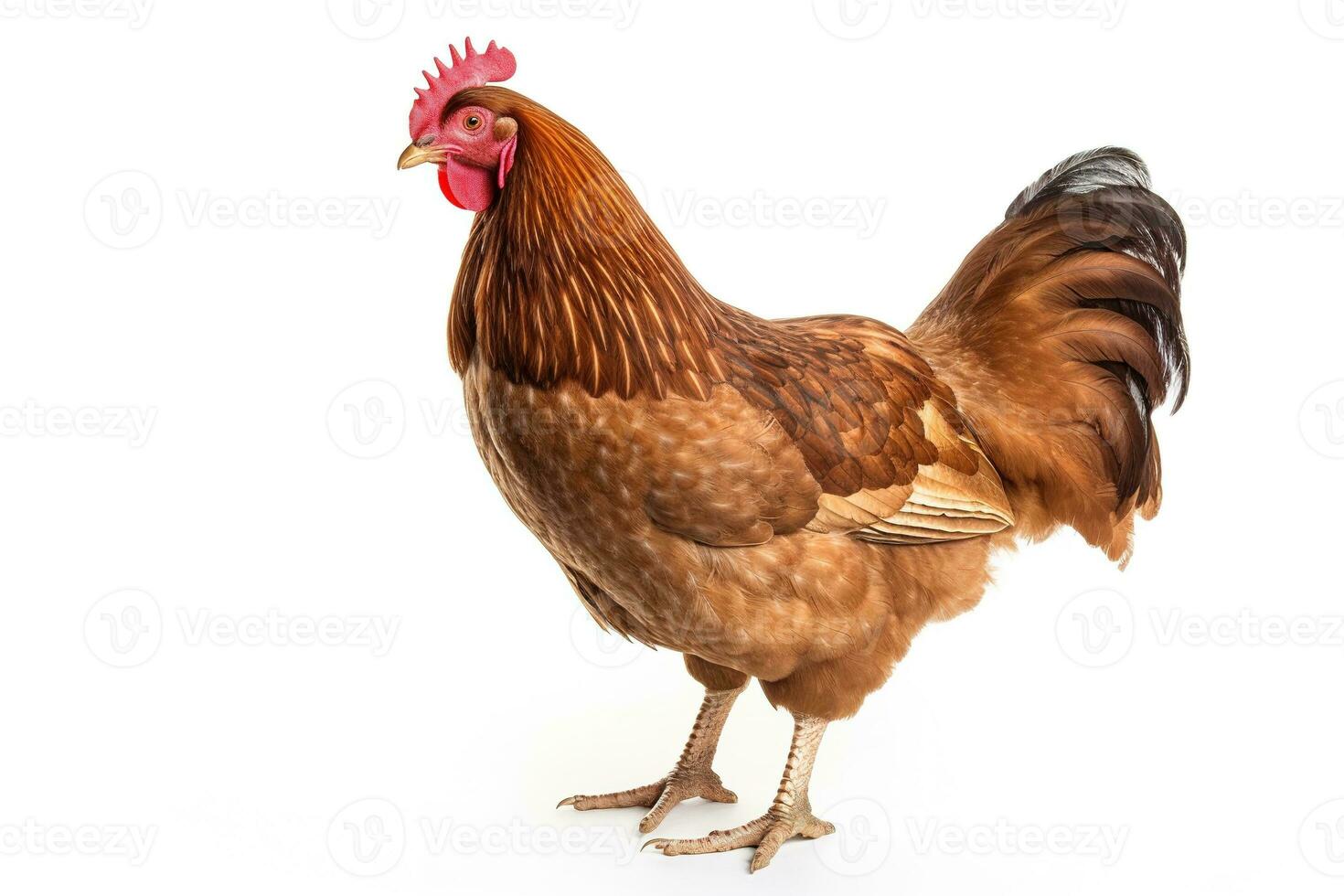 Brown chicken standing on white background, looking at camera with bright eyes. Generative AI photo