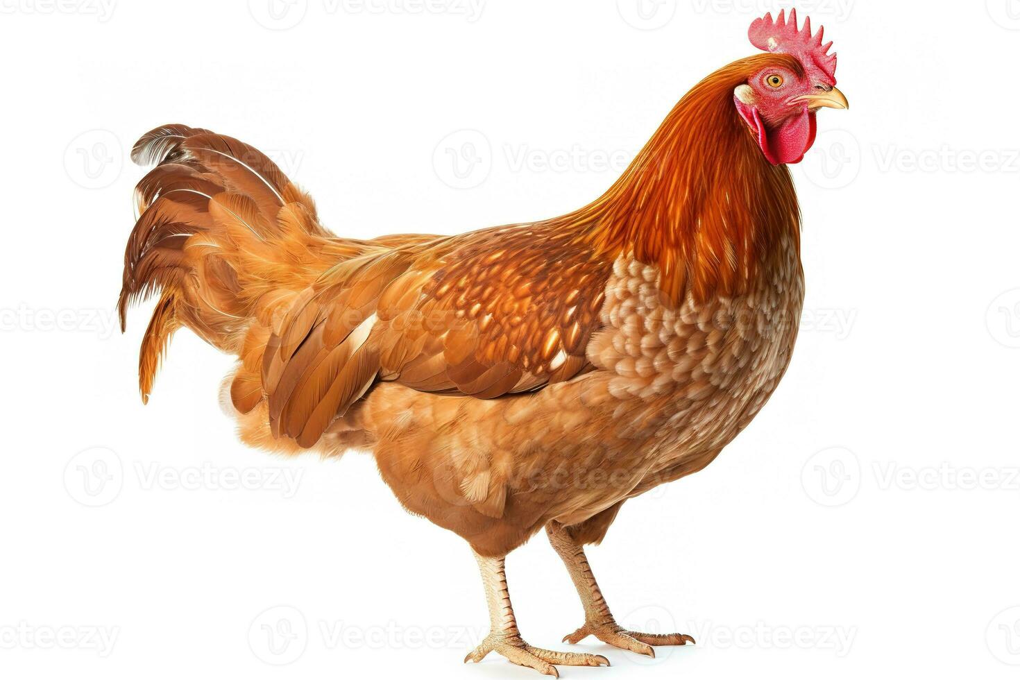 Brown chicken standing on white background, looking at camera with bright eyes. Generative AI photo