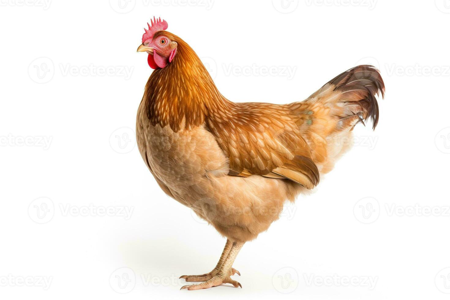 Brown chicken standing on white background, looking at camera with bright eyes. Generative AI photo