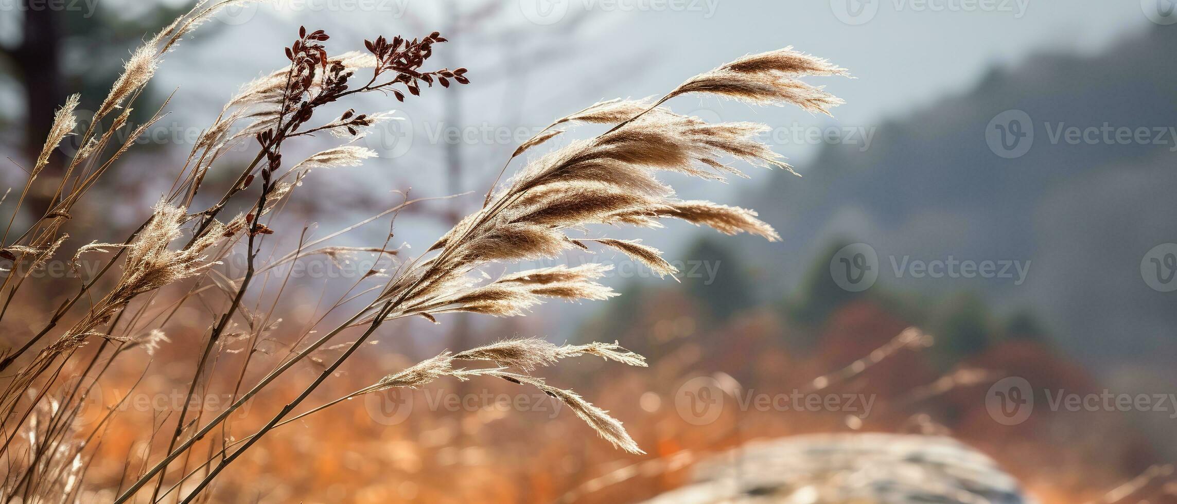 Gentle mountain forest breeze, snowy sky backdrop, swaying winter plants, and serene branches in a tranquil natural scene. Generative AI photo