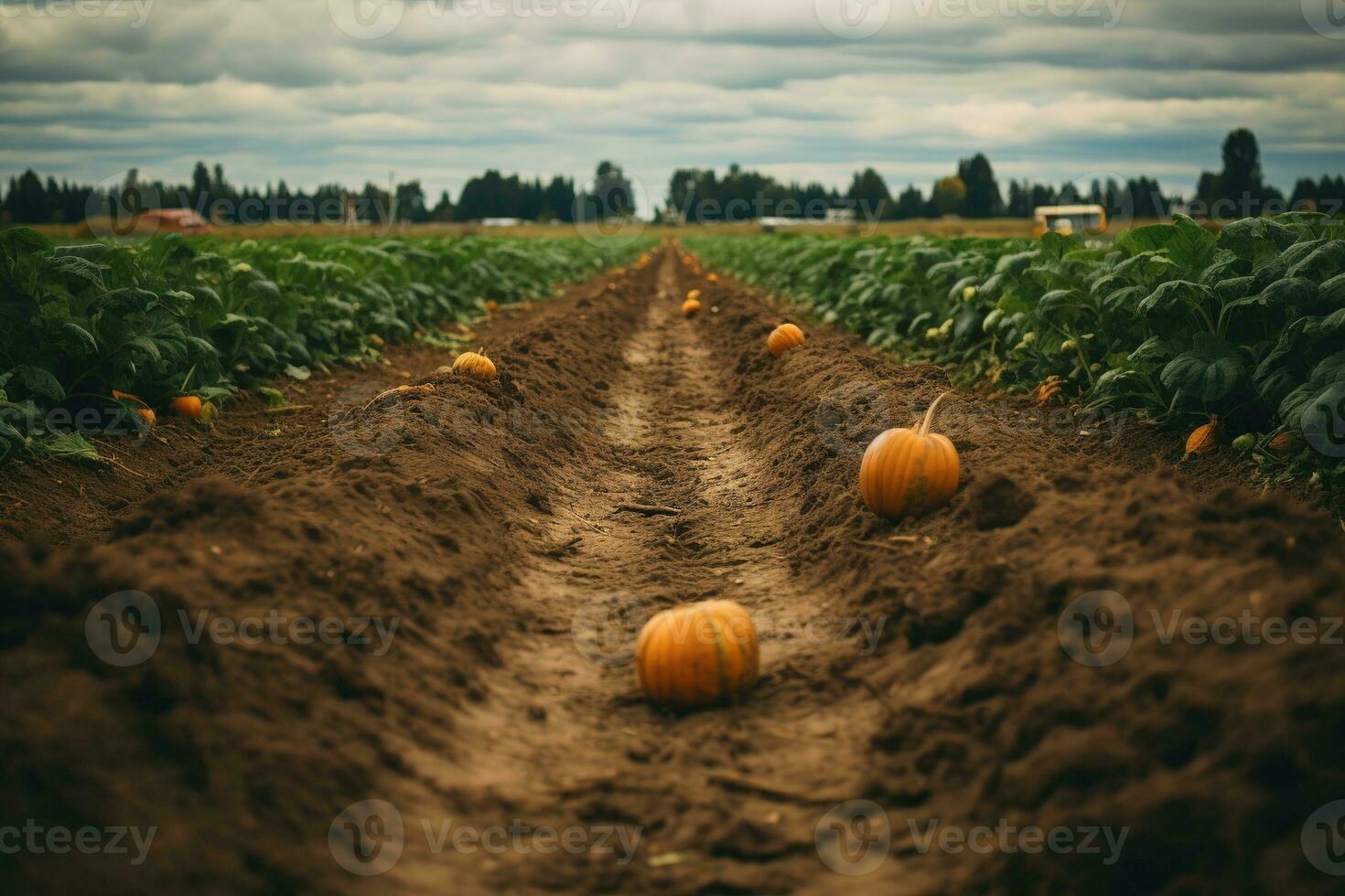 Rainy autumn day at a pumpkin farm, perfect for family picking. Get your Thanksgiving pie ingredients and enjoy organic, non-GMO veggies. Generative AI photo