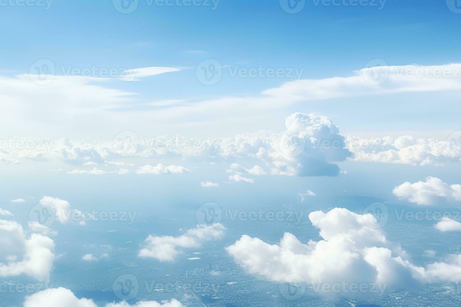 Panoramic view of fields and clouds from an airplane window. The sky is a bright blue with fluffy white clouds. Generative AI photo