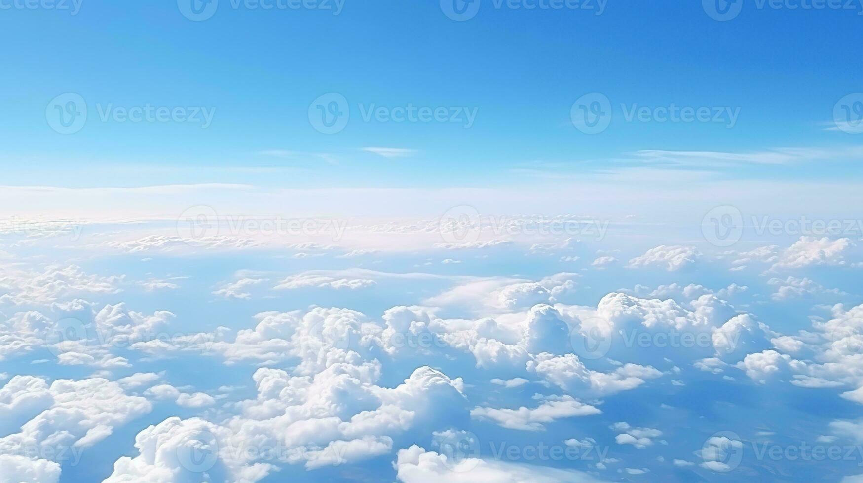 Panoramic view of fields and clouds from an airplane window. The sky is a bright blue with fluffy white clouds. Generative AI photo