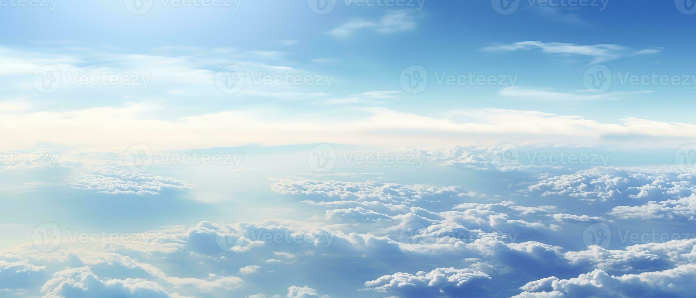 Panoramic view of fields and clouds from an airplane window. The sky is a bright blue with fluffy white clouds. Generative AI photo