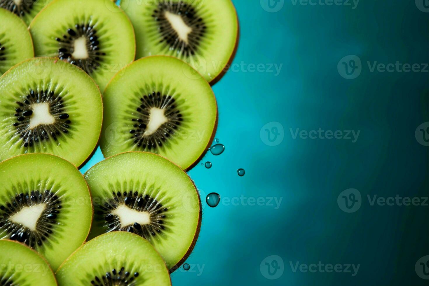 Fresh kiwi slices against green background, ideal for health conscious messages AI Generated photo