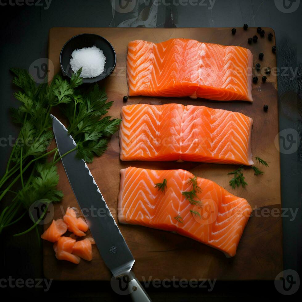 Fresh salmon slices in close proximity to the knife on a wooden board on the dark background from top view. AI Generative photo