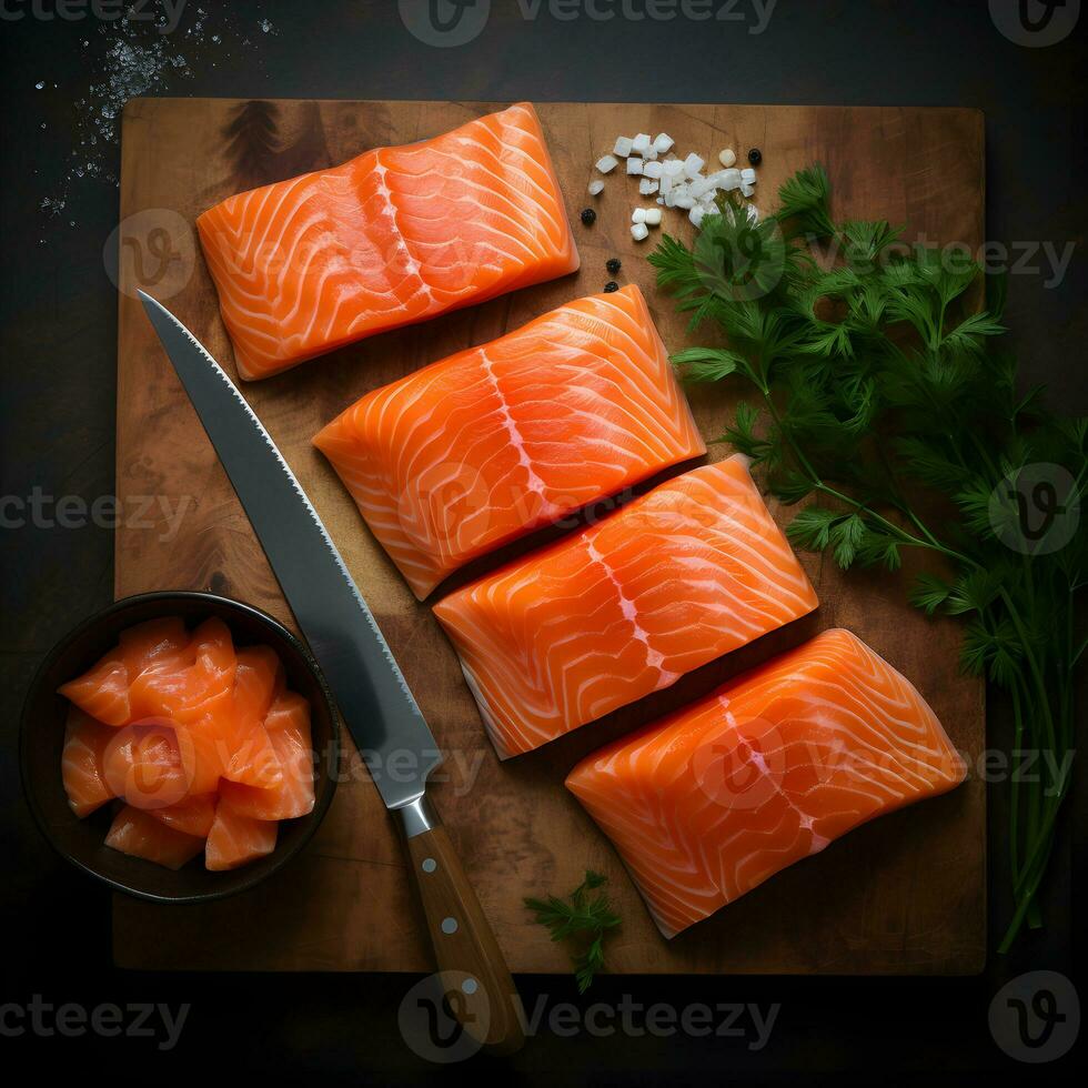 Fresh salmon slices in close proximity to the knife on a wooden board on the dark background from top view. AI Generative photo