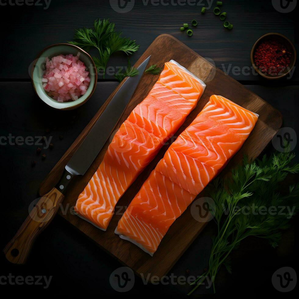 Fresh salmon slices in close proximity to the knifeon a wooden board  on the dark background. AI Generative photo