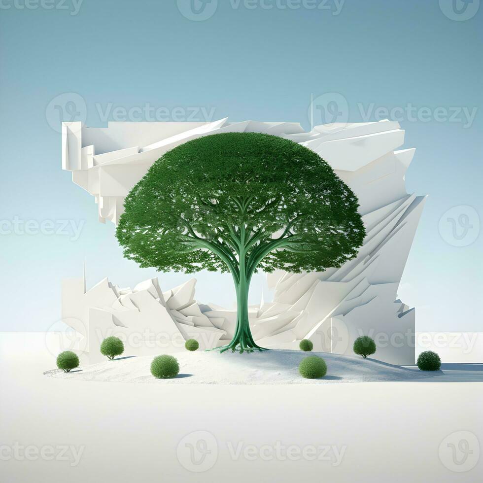 Ecological banner. Green tree in minimalism. High resolution. Ai generative photo